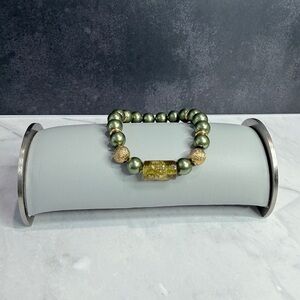 Gold Tone & Olive Green Beaded Bracelet